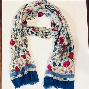 Whimsical Floral Print Scarf w/ Blue Fringe